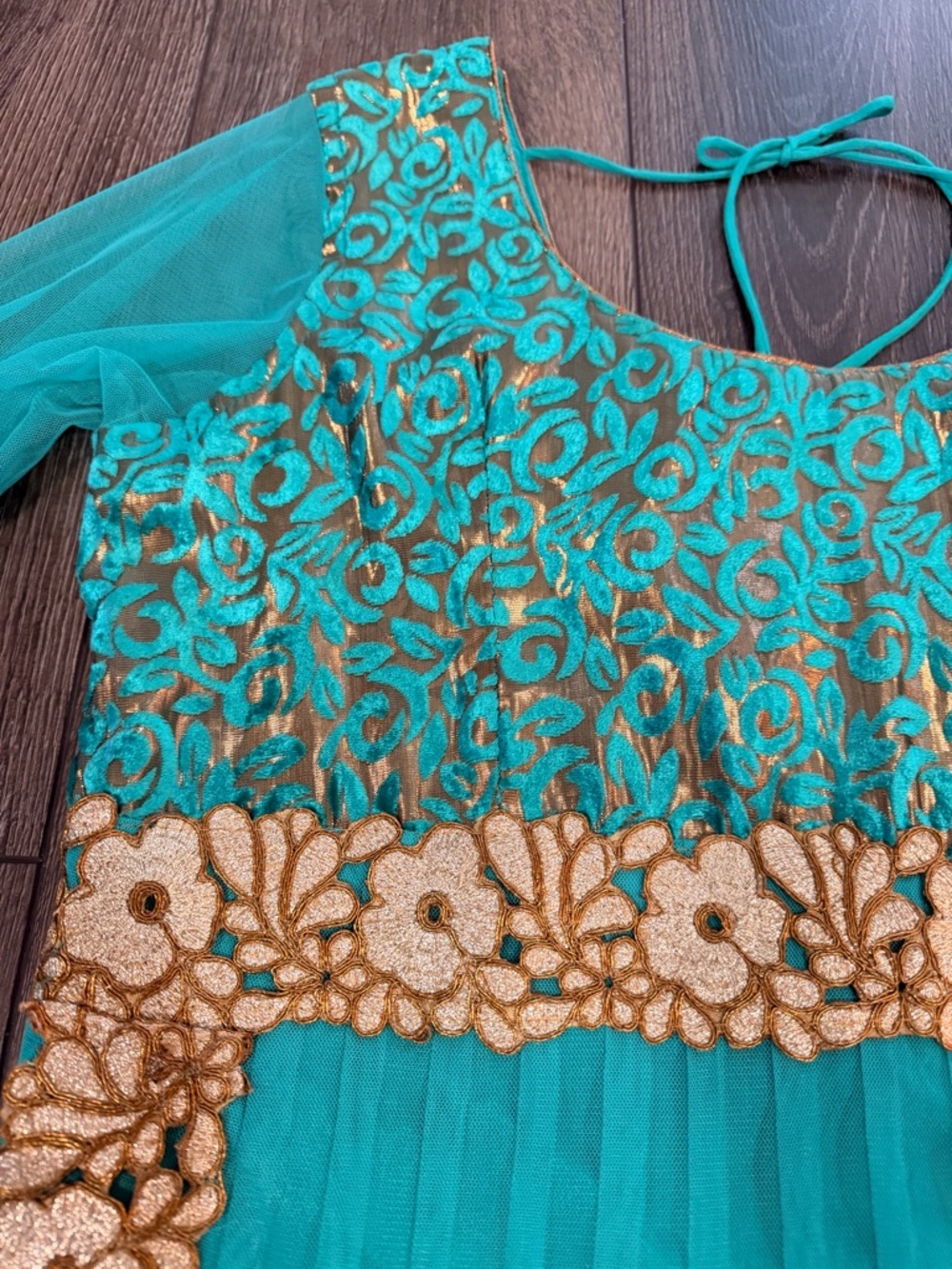 Turquoise Gold Anarkali Maxi Dress Indian Wedding Guest Bollywood Gown Medium - Picture 11 of 16